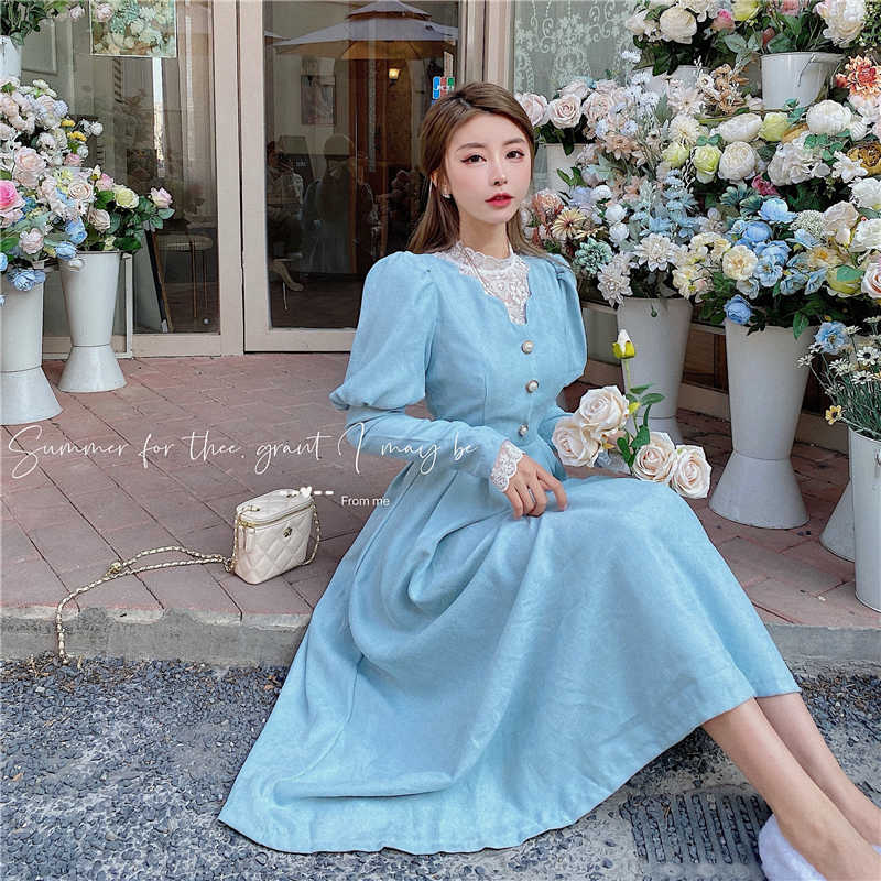 Solid Elegant Dress Women Winter Patchwork Lace Party Midi Dress Female Casual French Style Sweet Kawaii Korean Dress Women 210630