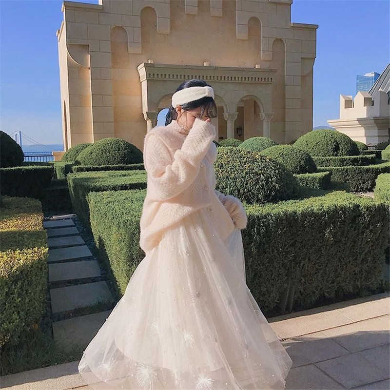 Elegant Embroidered Mesh Pearl Skirt Layers Tiered Tulle Women High Waist Long Maxi Pink White School Sun Lady 210619wtt