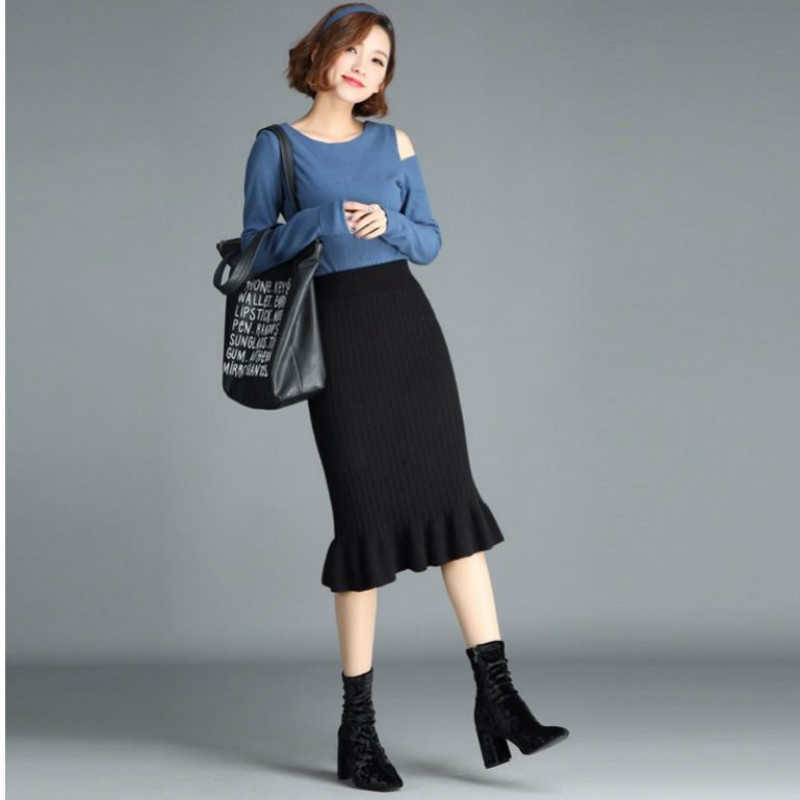 Women skirt plus size wool long fishtail autumn and winter high waist all-match knitted bag hip female 210621