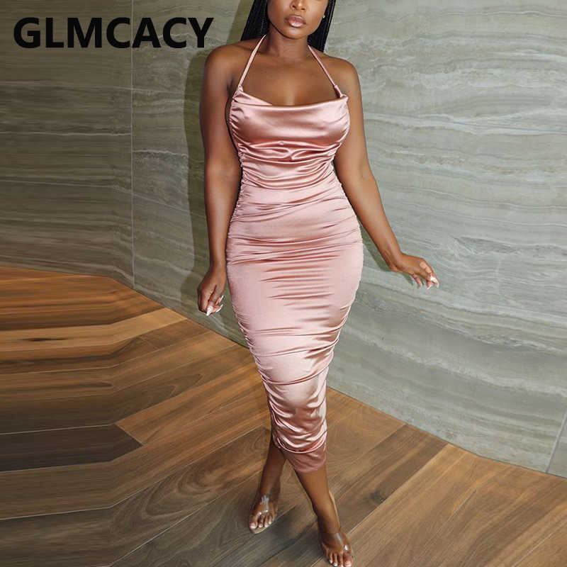 Halter Backless Bodycon Ruched Midi Dress Elegant Evening Party Dress 210702