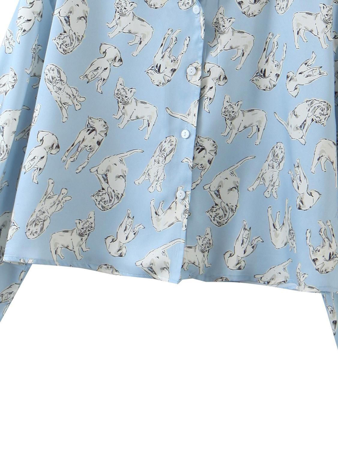 CHIC Skyblue Lapel Animal Dog Print Shirt Retro Woman Loose Long sleeve Blouse Short Tops Blousas 210429