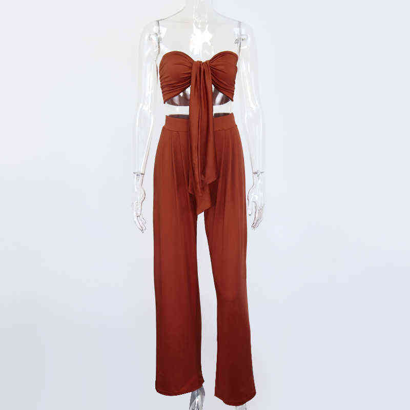 Asia Sexy Two Piece Set Women Sleeveless 2 Layer Bandage Crop Top Vintage Wide Leg Pants Woman Suit Autumn Party Outfits 211105