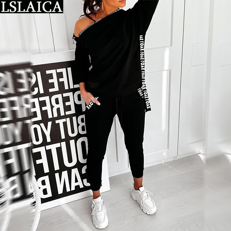 Womens Tracksuit Set Solid Color Hooded Sweatshirt&long Pants Ribbon Letter Print Patchwork Outfit Women Fitness 2 PC 210515