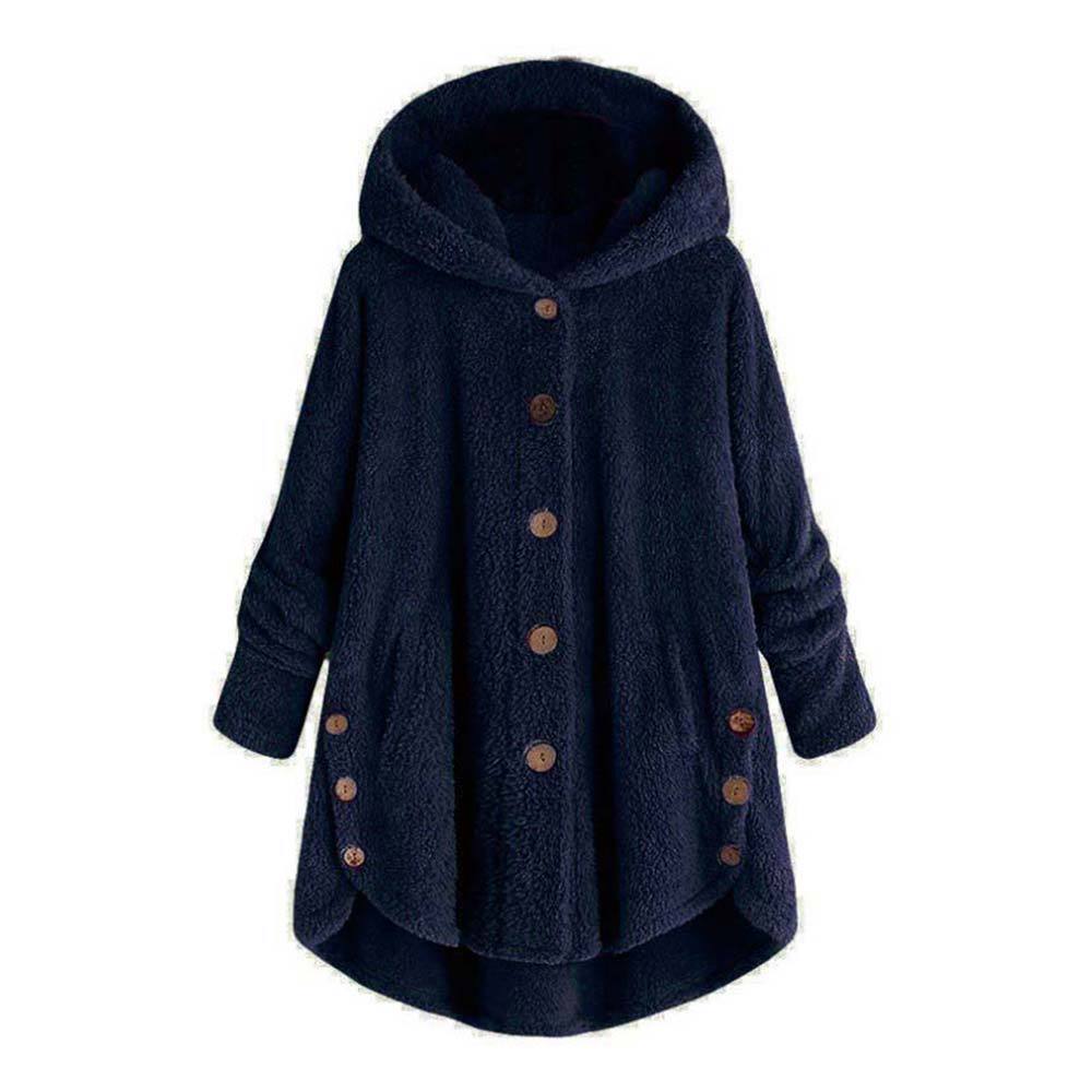 Thin Wool Blend Fashion Women Button Coat Fluffy Turn-down Collar Outwear Jacket Casual Tops Hooded Pullover Loose Sweater 210428
