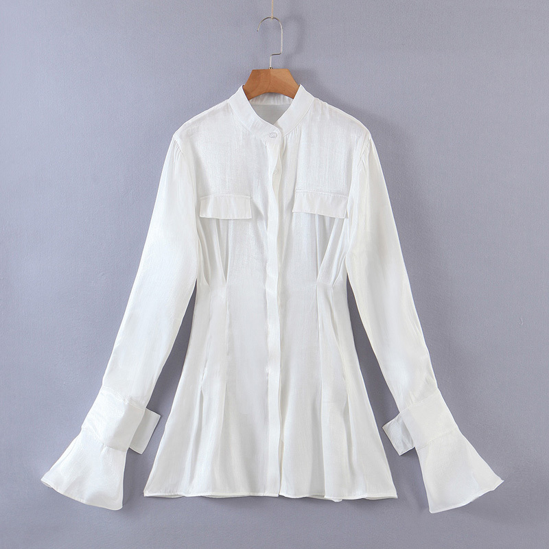 Stylish Stand Collar Side Pleated Ruched Extra Long sleeve Shirt Dress Sexy Women Pockets Slim Waist Mini Short Dresses 210429