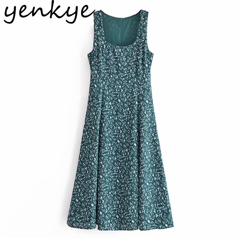 Vintage Floral Print Tank Summer Dress Women Square Neck Sleeveless A-line Midi Chiffon Female Prairie Chic Robe 210430
