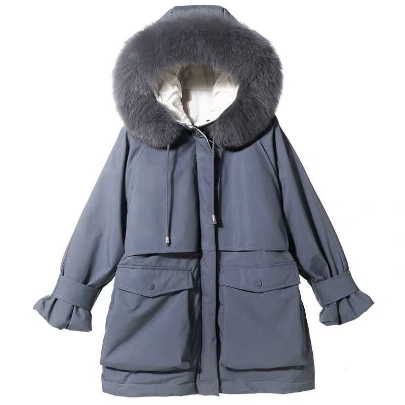 Fi Large Natural Fur Hooded Winter Jacket Women 90% White Duck Down Thick Parkas Warm Sash Tie Up Snow Coat 210819