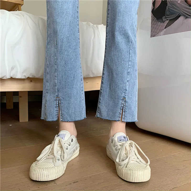 Blue Front Slit Bell Bottom Jean Elastic Skinny Flare Girl Denim Pants Streetwear Ankle-Length Trousers 210809