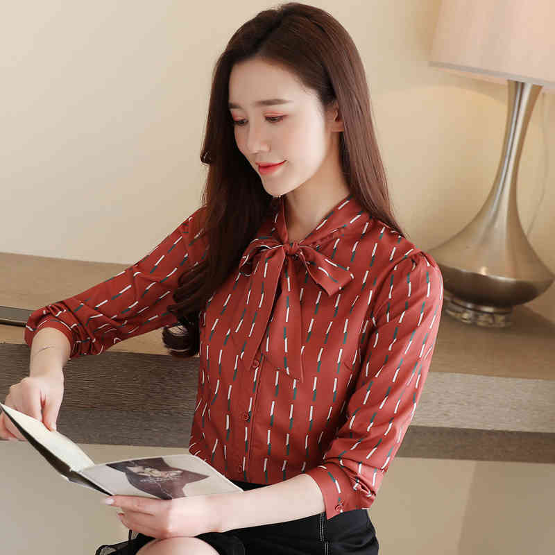 Fashion Bow Chiffon Blouse Cardigan Shirt Autumn Striped s Womens Tops and Blouses Long Sleeve Blusas 10749 210506