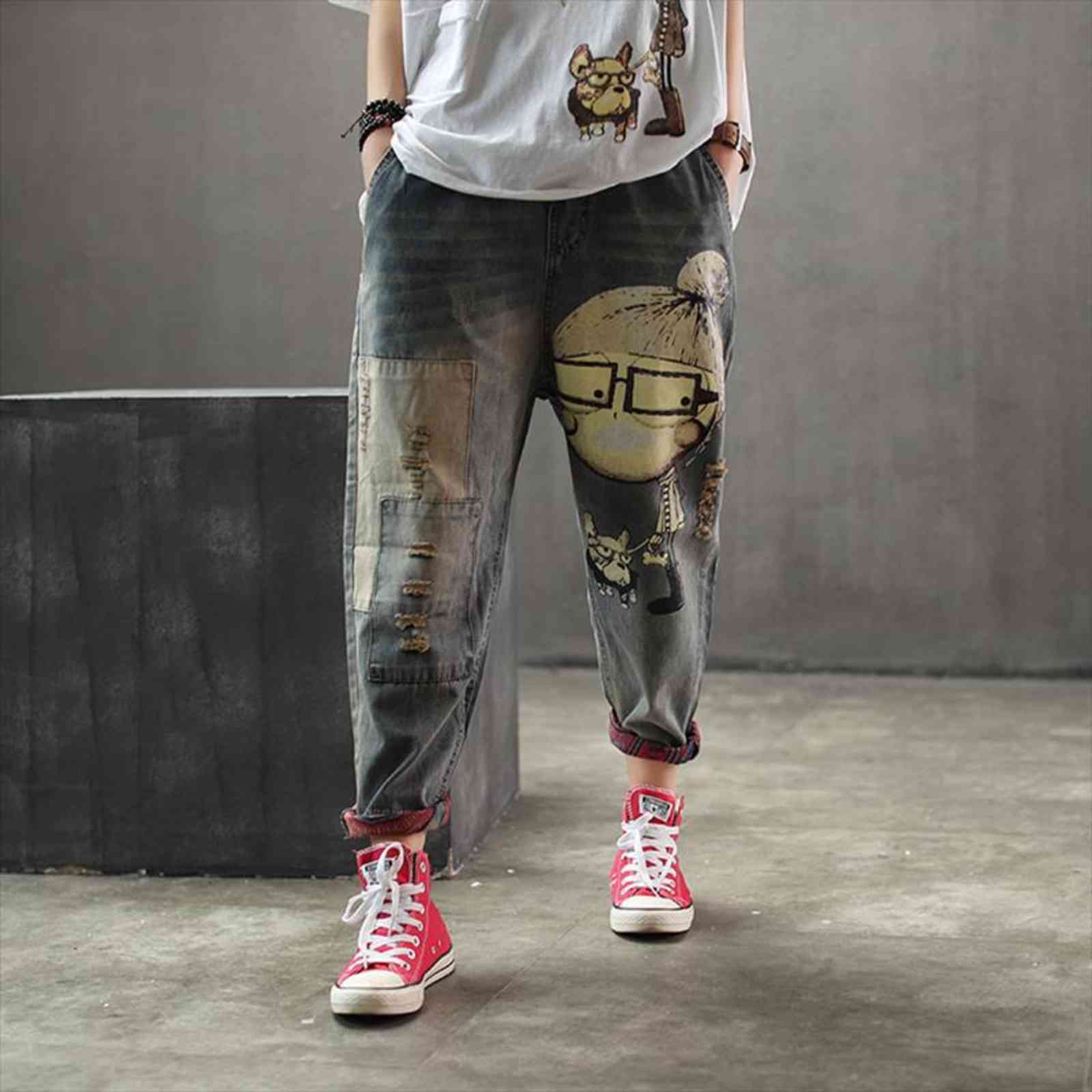 spring autumn fashion brand vintage womens jean cartoon dog little girl print denim jeans female casual frayed harem pants trousers, Blue
spring autumn fashion brand vintage womens jean cartoon dog little girl print denim jeans female casual frayed harem pants trousers, Blue