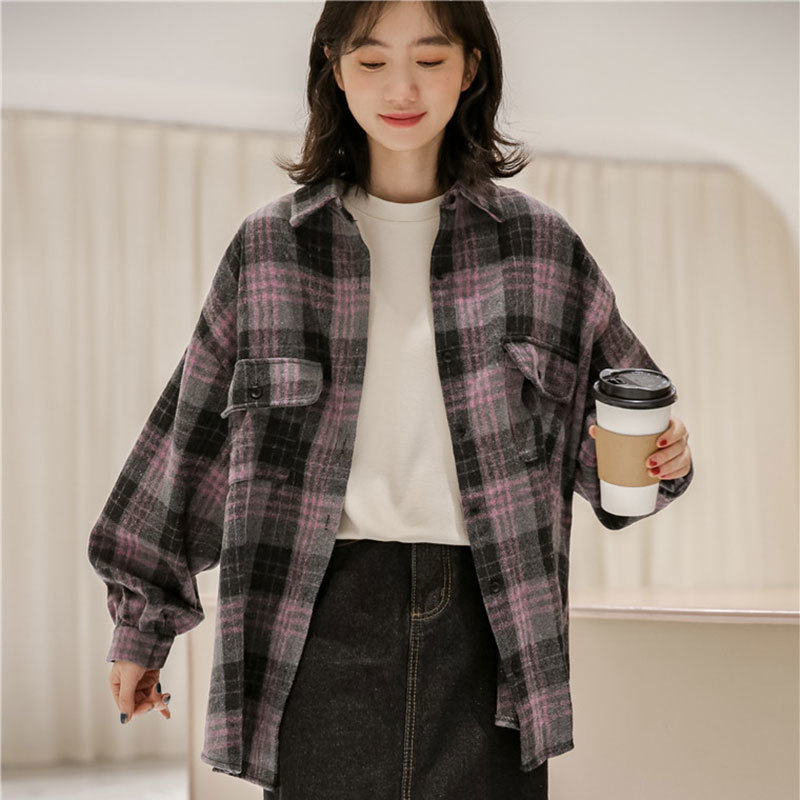 Autumn Korea Fashion Women Loose Casual Shirts Coat Woolen Plaid Vintage Turn-down Collar Blouse Big Size Blusas M553 210512