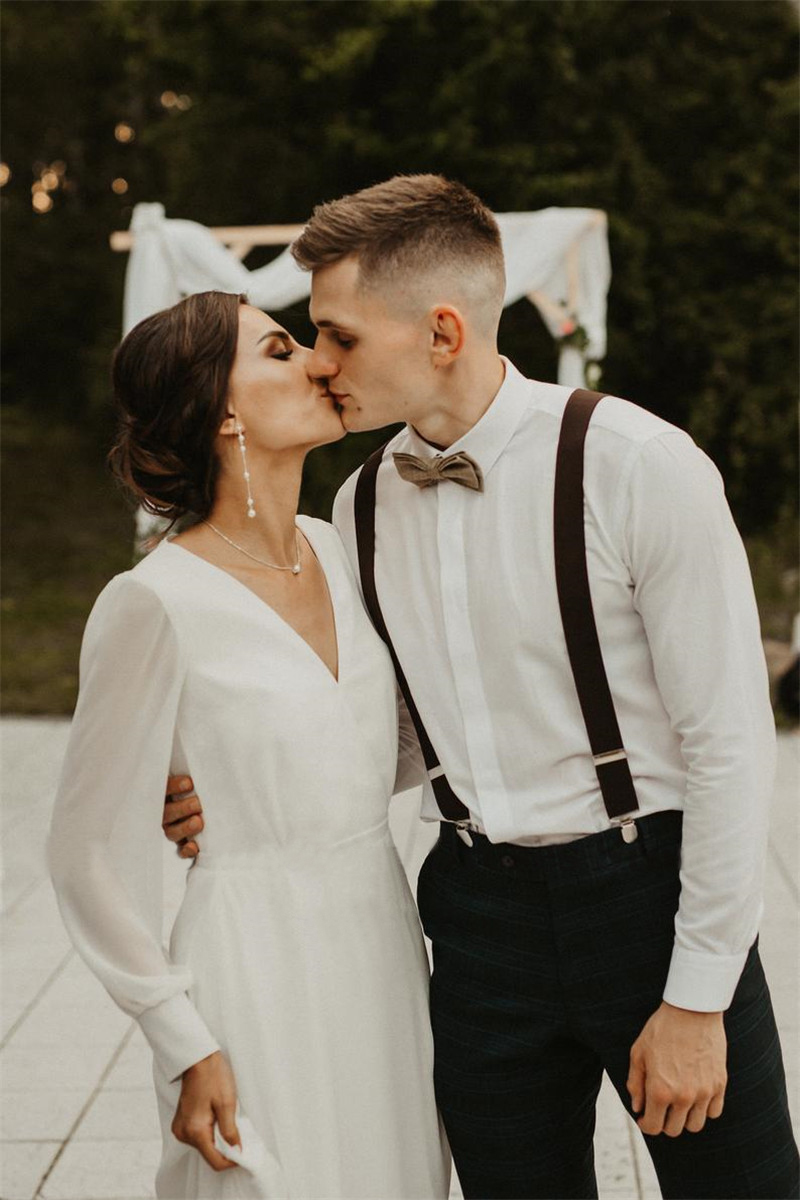 Simple A Line Chiffon Wedding Dress V Neck Long Sleeves Bohemian Bridal Dresses Elegant Robe de mariee With Free Veil Free shipping