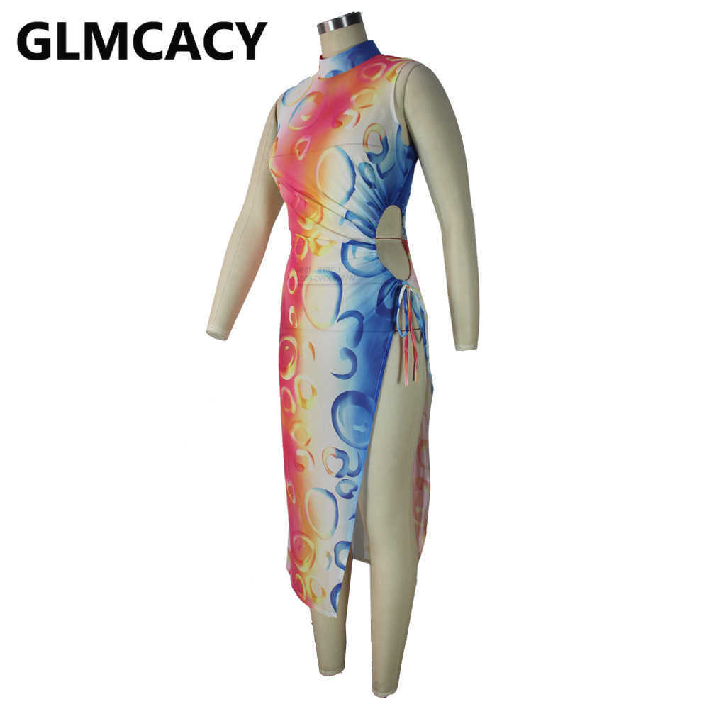 Women O-neck Sleeveless Tie Dye Printed Slit Bodycon Dress 210702