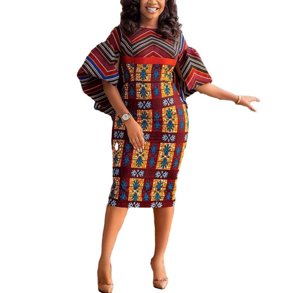African Dresses For Office Lady Fashion Africa Printed Half Sleeve Bodycon Mid Calf Elegant Work Business Midi 210510