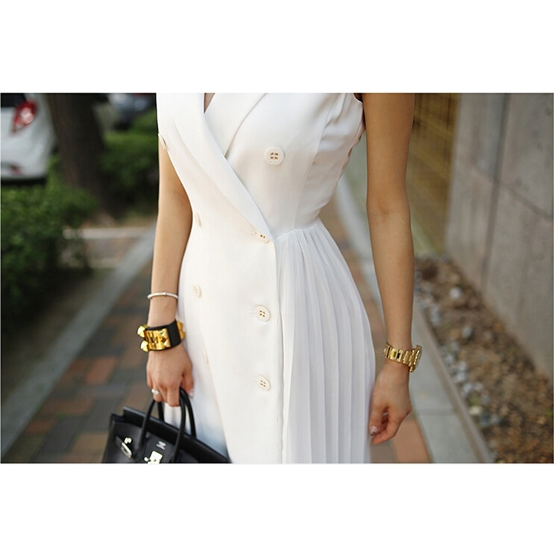 Elegant Wear to Work vestidos Business Party Office Lady Women pleated Dress Retro double breasted Sleeveless Summer Dresses 210520