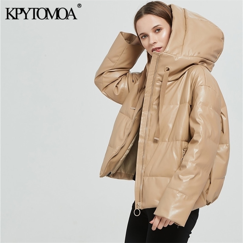 KPYTOMOA Women Fashion Thick Warm Faux Leather Padded Jacket Coat Vintage Long Sleeve Oversized Parka Female Outerwear Chic Tops 210819