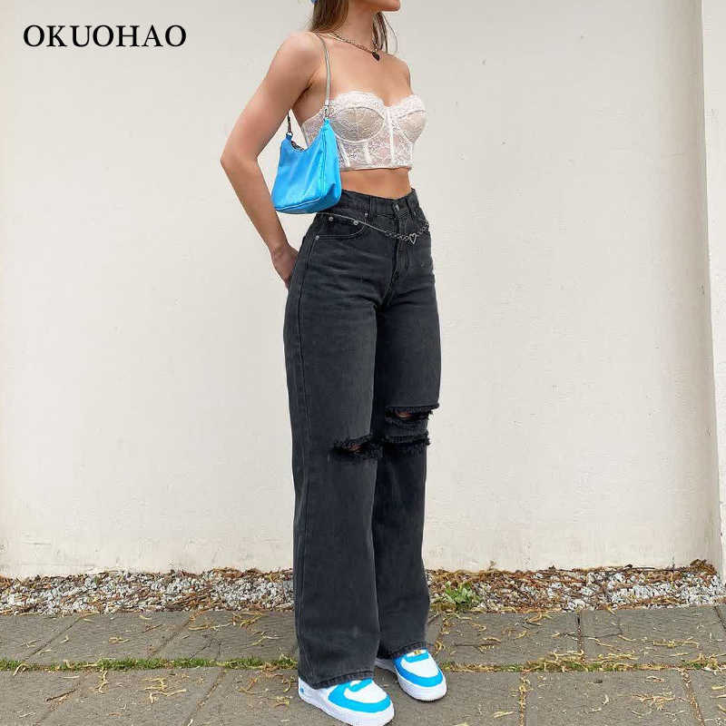 Black Ripped Straight Leg Jeans For Women Fashion Tassel Loose Y2k Streetwear Baggy Jean Pants Mom Casual Wash vintage Trousers 210922