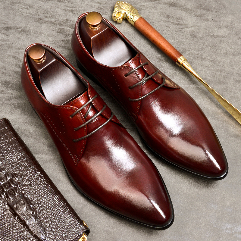 Lacing Mens Formal Shoes Genuine Leather Office Business Wedding Brogue Oxford Shoe Black Pointed Toe Luxury Men Dress Shoe