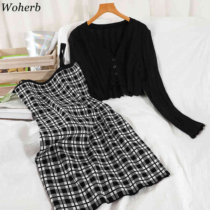 Suit Female Korean Fashion Cropped Cardigan Knitted Jacket Slim Sling Dresses Femme Roupas Chic Two Piece Sets Women 210519