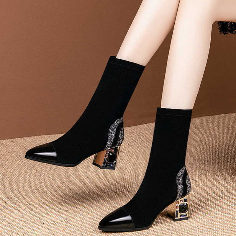 Slim Short Boots Woman Mid Calf Boot Elastic Fabric Square Heel Women's Winter Shoes Female Footware BLACK 210911