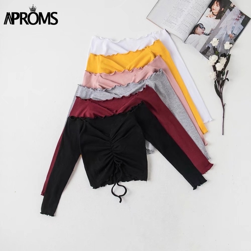 Aproms Ribbed Off Shoulder Drawstring Tie T Shirt Women Long Sleeve Short Tshirt Summer Casual Crop Top Female Tee Tshirts 210322