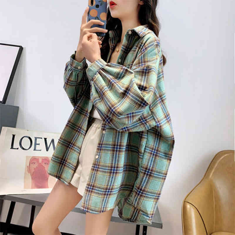 Spring Summer Korea Fashion Women Long Sleeve Turn-down Collar Plaid Shirts Loose Casual Cotton Blouse Femme Blusas S793 210512