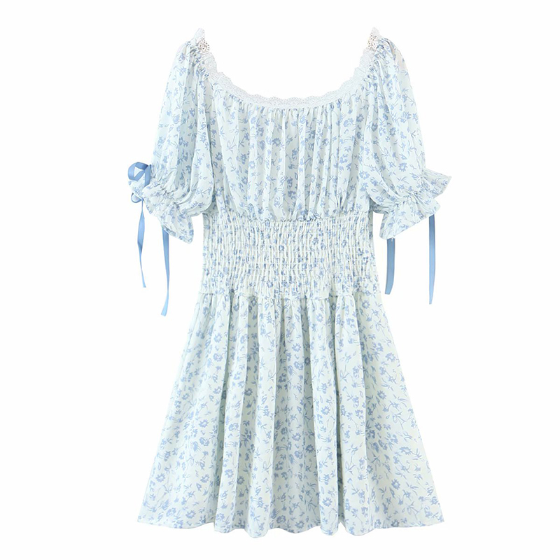 Sweet Summer Dress Women Lace Patchwork Floral Print Female Sexy Square Neck Short Sleeve Elastic Waist Mini Robe 210430