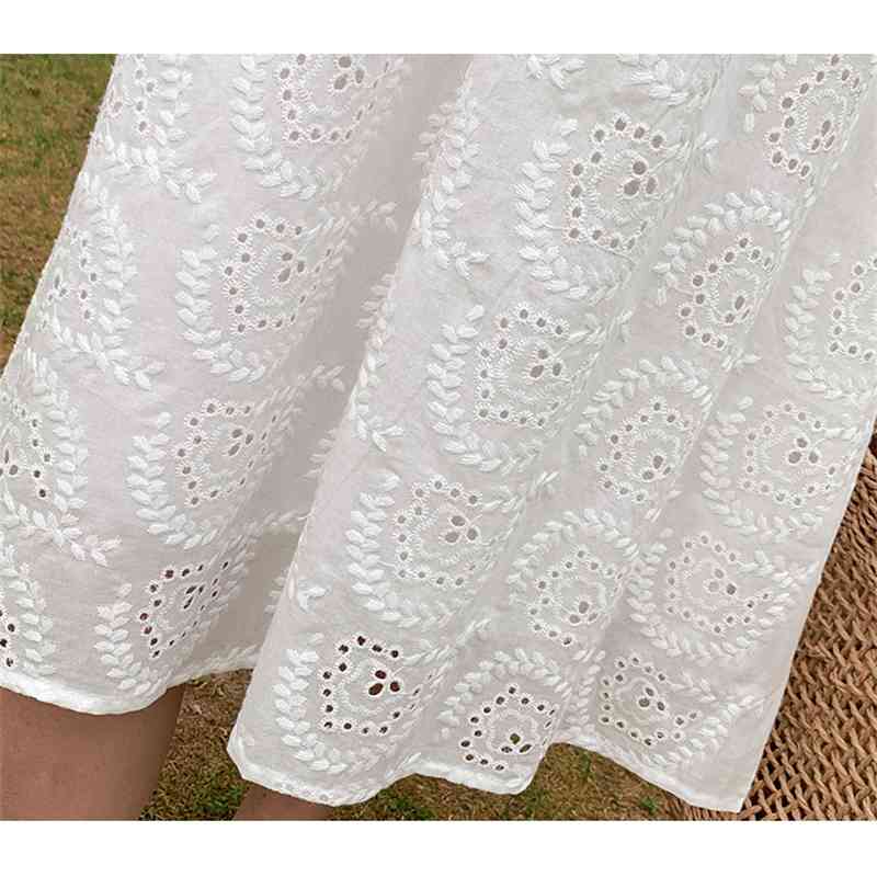 Fashion Women Elegant O-Neck White Summer Dress Robe Femme Vinatge Lace Hollow Out Embroidered Cotton Loose Vestidos 210520