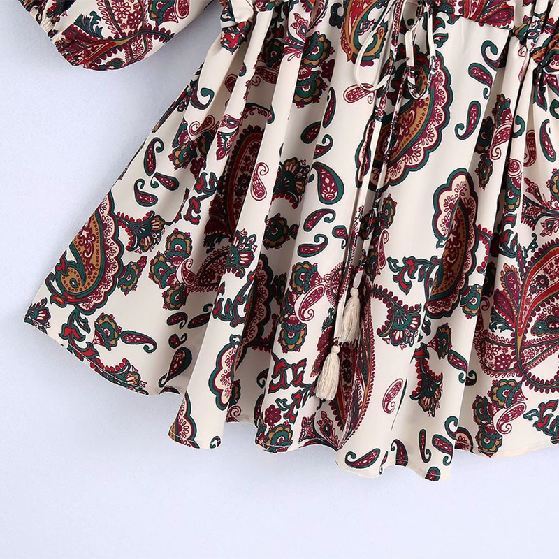 PUWD Sweet Women Soft Cotton V Neck Dress Spring-autumn Fashion Ladies Chinese Style Female Patterned Mini 210522