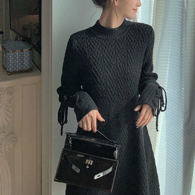 Winter Knit Dress Korean Casual Long Sleeve Elegant Mini Dress Women Lace-up Sweet Office Sweater Dress Spring 210521