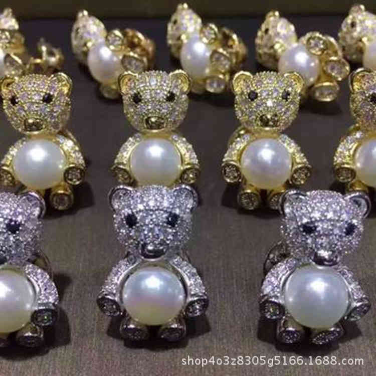Brooch Diy Accessories Thick Gold-plated Micro Inlaid Zircon Bear Pearl Korean Fashion Empty Holder