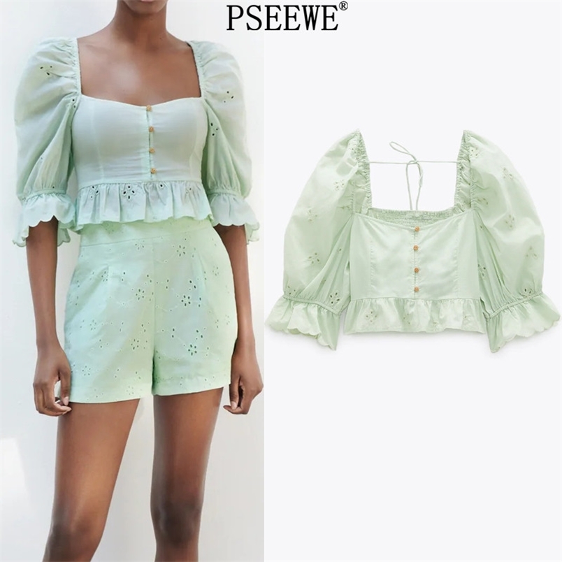 Summer Women Blouse Green Cutwork Embroidery Cropped Woman Short Puff Sleeve Ruffle Elastic Ladies Tops 210519
Summer Women Blouse Green Cutwork Embroidery Cropped Woman Short Puff Sleeve Ruffle Elastic Ladies Tops 210519