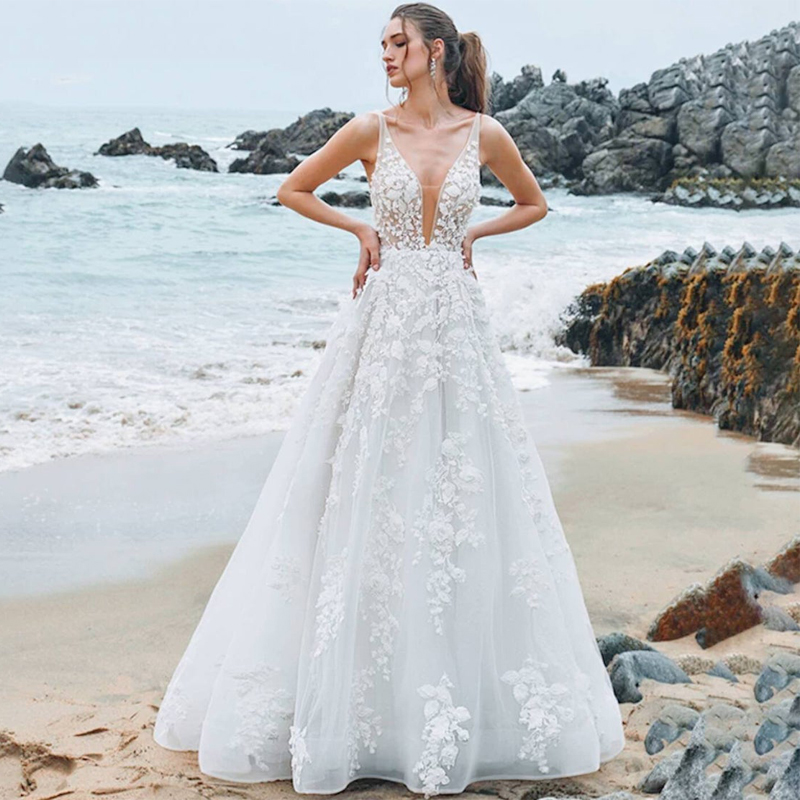 V-Neck 3D Flower Appliques Lace A-Line Wedding Dress Spaghetti Straps Sexy Backless 2021 Vestido De Noiva Bridal Gown, White
V-Neck 3D Flower Appliques Lace A-Line Wedding Dress Spaghetti Straps Sexy Backless 2021 Vestido De Noiva Bridal Gown, White