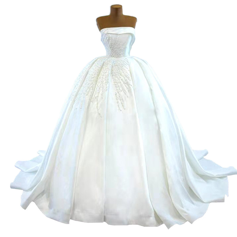 Elegant Dresses Strapless Sleeves Less Pearl Satin Wedding Dress Custom Made Vestidos De Novia