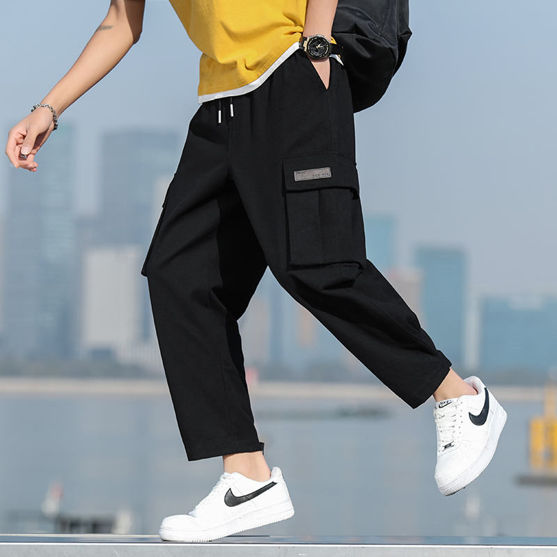 Khaki Pants Men Straight Fit Pockets Wide Leg Solid Color Cargo Pants Work Trousers Male Mens Hip Hop Clothing