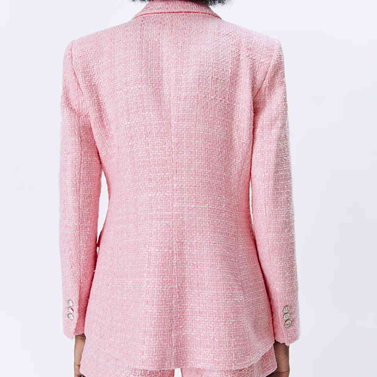 style women's jacket spring pink lapel long-sleeved double-breasted European and American sub-textured blazer 211122