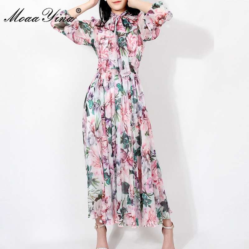 Fashion Runway Summer Floral Holiday Dress Women's Bow Tie 3/4 sleeve Printed Elegant Chiffon Vintage Party Midi 210524