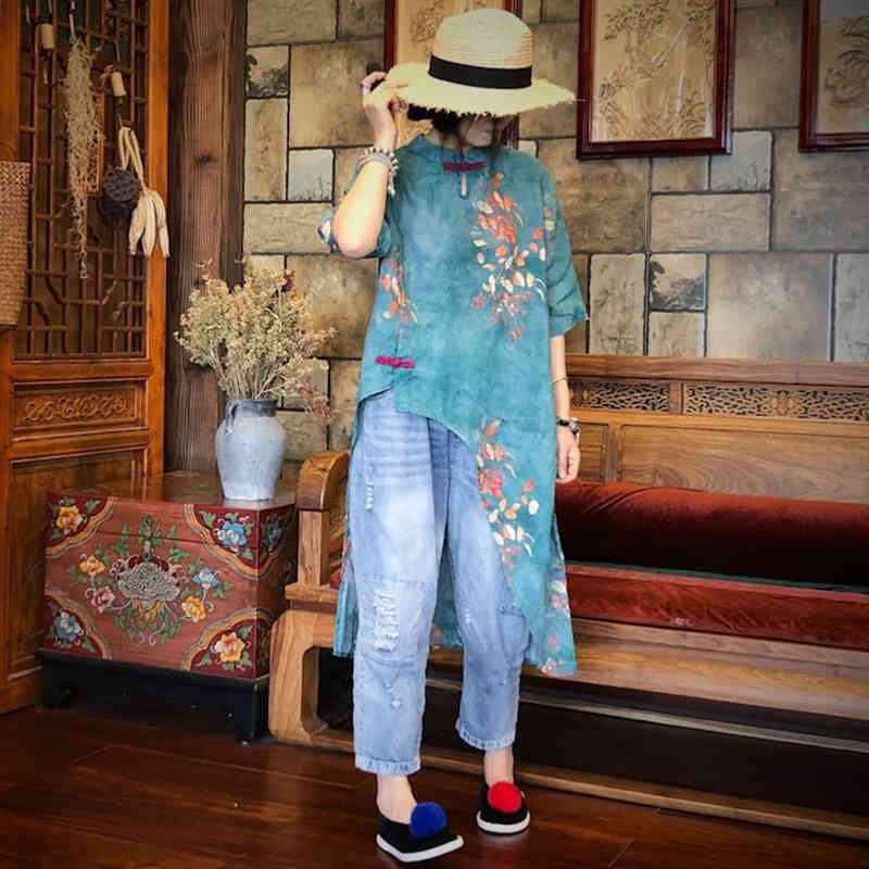 Johnature Summer Ramie Shirts Chinese Style Blouses Women Top Mandarin Collar Print Flower Loose Linen Asymmetry Shirt 210521, Green
Johnature Summer Ramie Shirts Chinese Style Blouses Women Top Mandarin Collar Print Flower Loose Linen Asymmetry Shirt 210521, Green