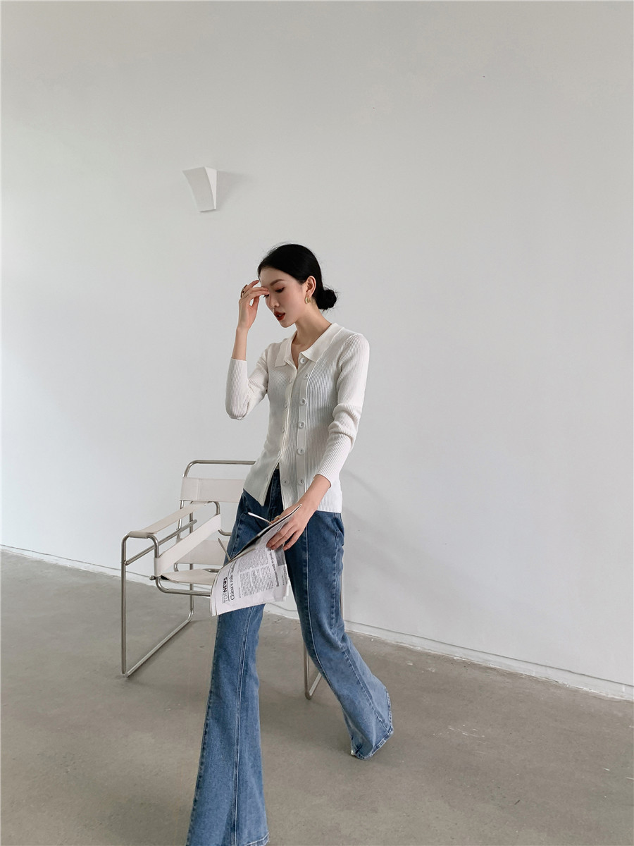 White Cardigan Sweater Women Double Breasted Bodycon Knitted With Collar Knitwear Knit Top Autumn Winter 210427