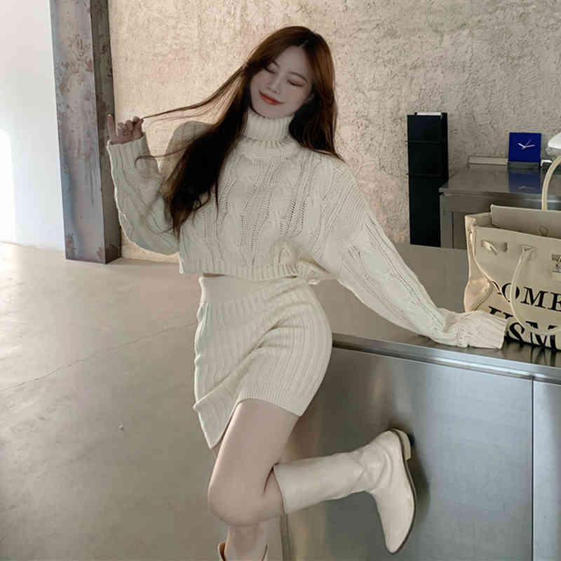 Lucyever Spring 2 Pieces Sets Women Fashion Twist Knitted Turtleneck Navel Sweaters Woman High Waist Hip Skirt Female 210521wtt