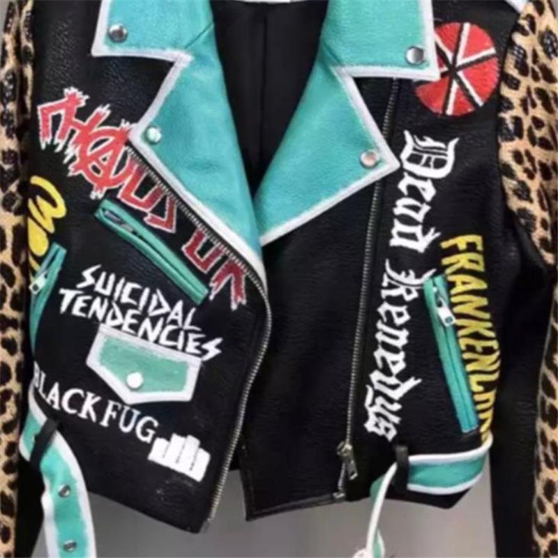 Women's Leather & Faux Spring Autumn Short Leopard Printing PU Jacket Women Letter Print Lapel Belted Coat Motorcycle Style Y1161