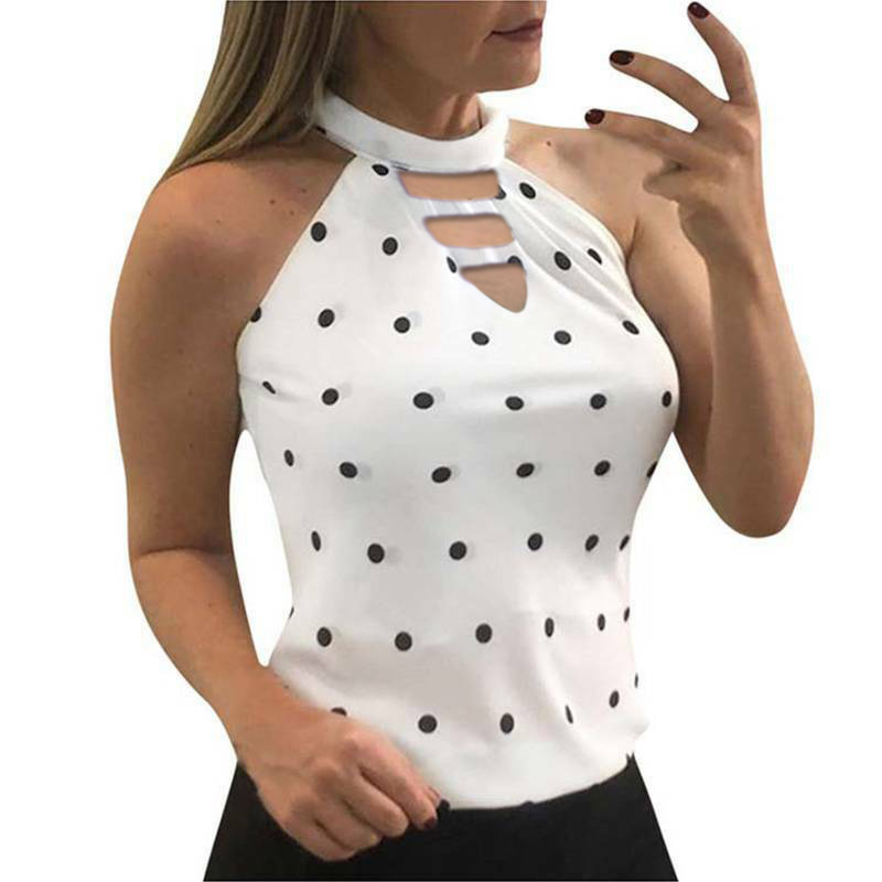 Fashion Women Tight Slim Sleeveless Top Vest Fitness Halter Tanks Top Fashion Dot Printed Off Shoulder Women Tees Crop Tops 210515