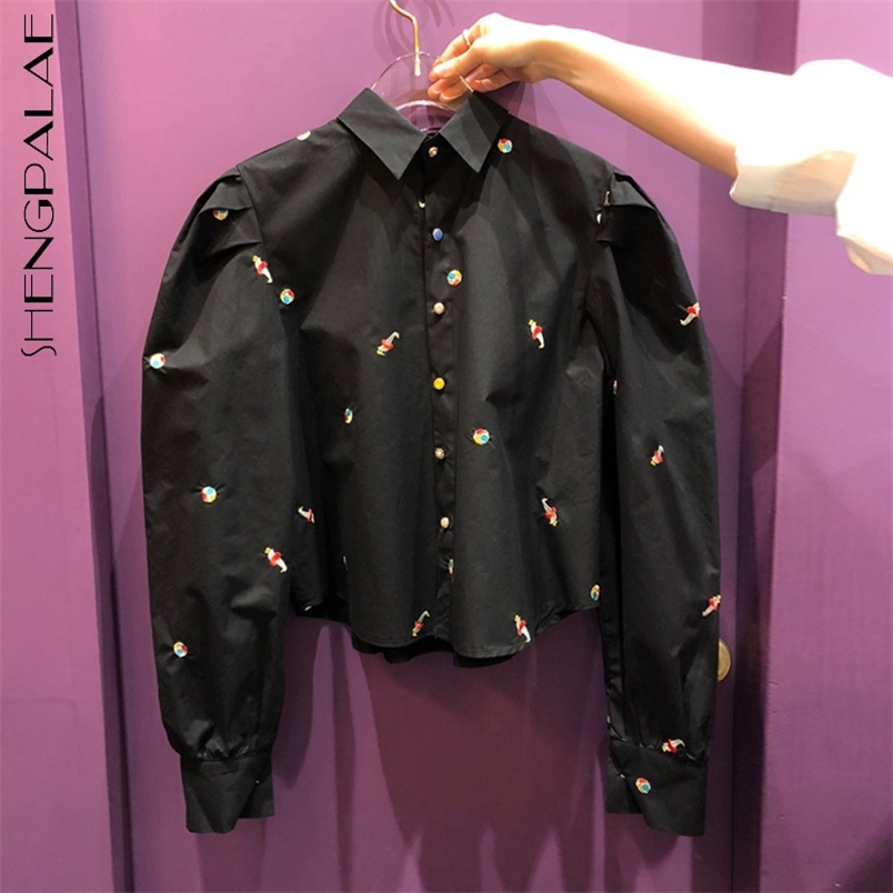 Sweet Embroidery Pattern Blouse Women's Spring Lapel Loose Single Breasted Long Sleeve Short Shirt 5C206 210427