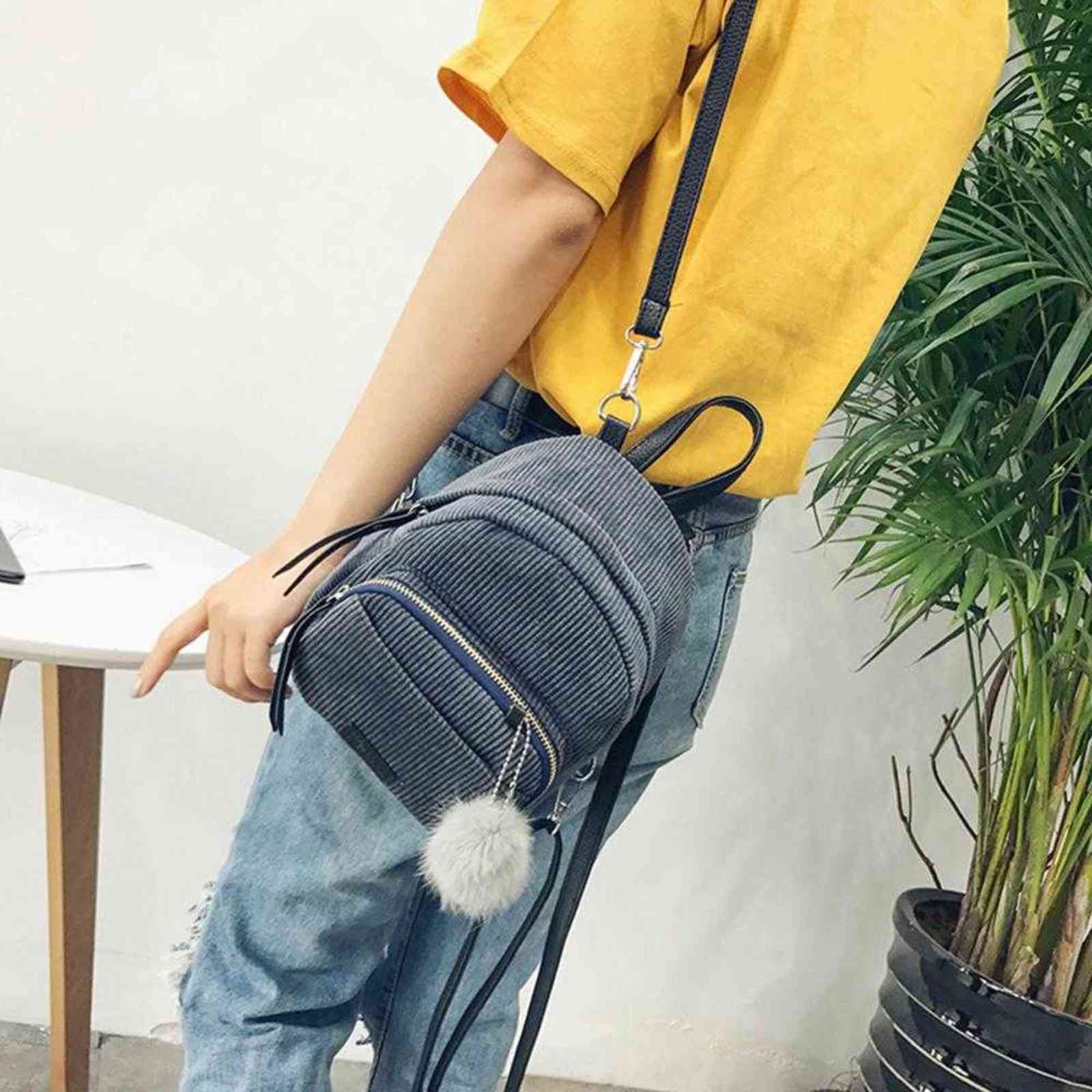 Girl Mini Backpack Women Pompom Ball Solid Color Corduroy Small Backpack Autumn Winter Teenage Travel School Bag Mochila Y1105