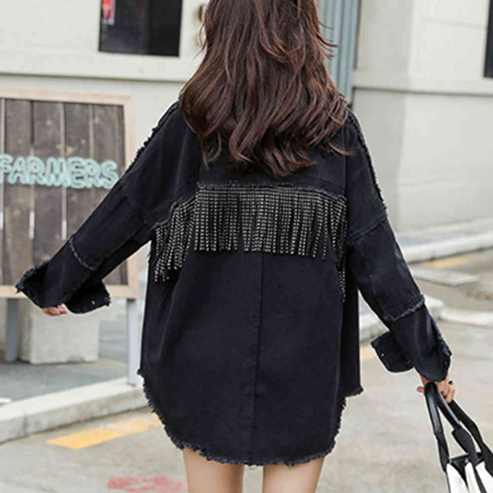 Women Black High Quality Loose Denim Jacket Sequined Tassels Streetwear Coat Vintage Single-breasted Jean Coats 210428