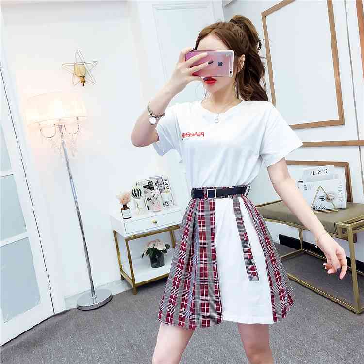 Fashion Solid Color Suits White Cotton T-shirt Dresses + Plaid Mini Skirt Two-piece Set Summer Women Clothes 210519