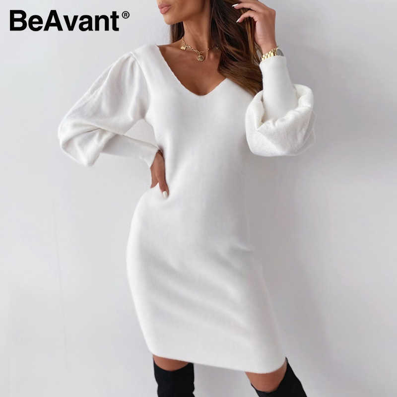 BeAvant Sexy V-neck patchwork dress White lace edge A-line Lantern Sleeve Dress Autumn nightclub open back knee length dress 210709