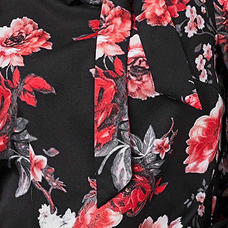 Spring Summer floral printed long sleeve black pullovers shirt Fashion Office Lady wear ruffles loose 210524