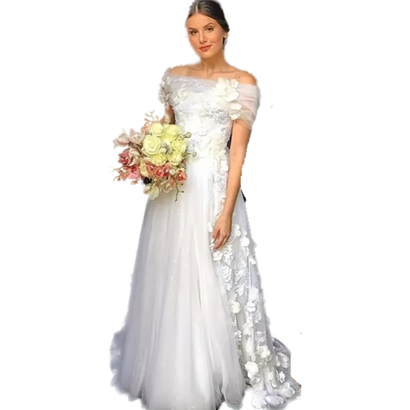 Camila Queiroz 3D Floral Appliques A Line Wedding Dresses Bridal Gowns 2022 Spring Romantic Bateau Neck Flowers Lace Long Ivory White Tulle Bride Dres