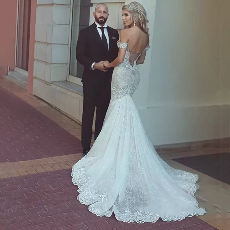 Modest Mermaid Wedding Dresses Off The Shoulder Tulle Lace Appliques Wedding Gowns Sweep Train robe de mariée Plus Size